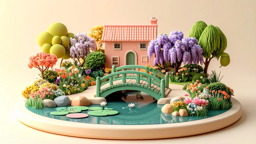 Miniatura ilustrada de Giverny com jardim e lago