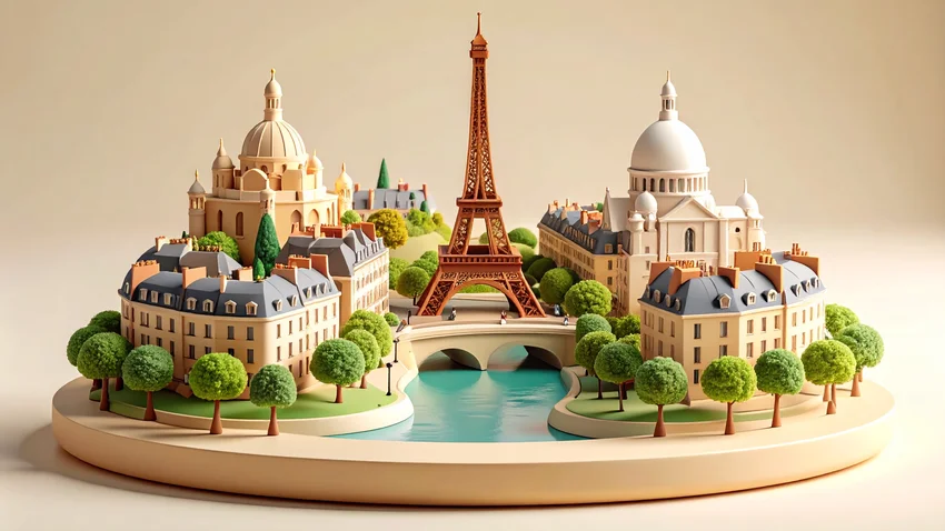 Miniatura ilustrada de Paris com a Torre Eiffel e o rio Sena